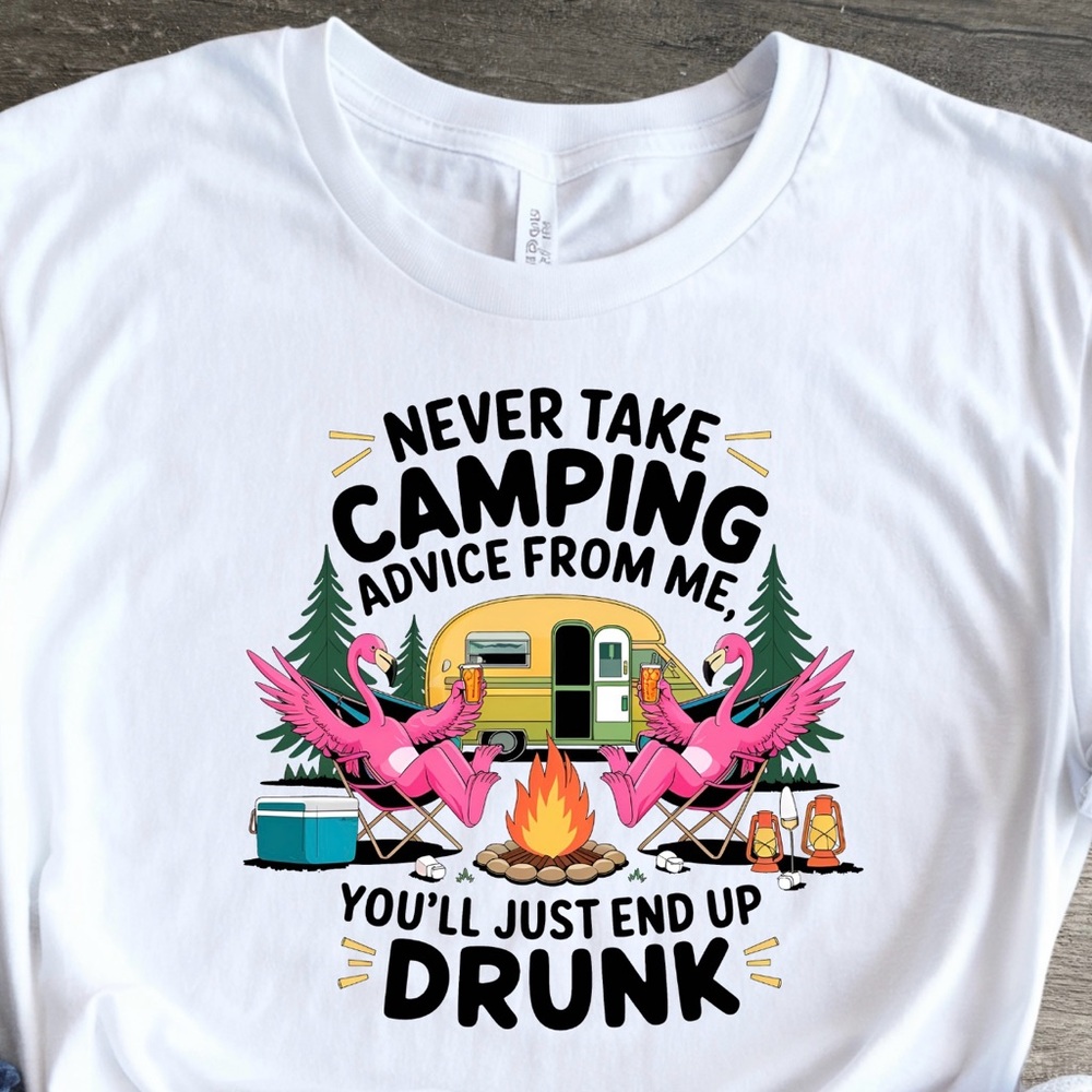 White Graphic Tee with Camping Flamingo Design